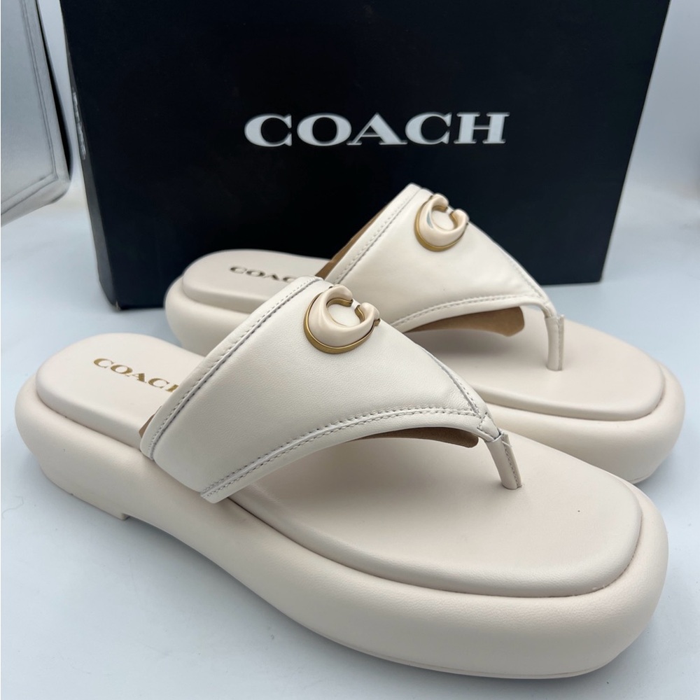 Coach Cream Leather Platform Thong Sandals with Gold Rings